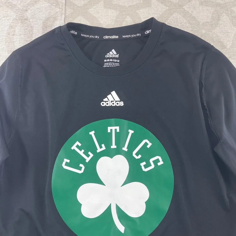 Adidas Boston Celtics Kids Medium 10/12 Long Sleeve Climalite Shirt‎ Black NBA